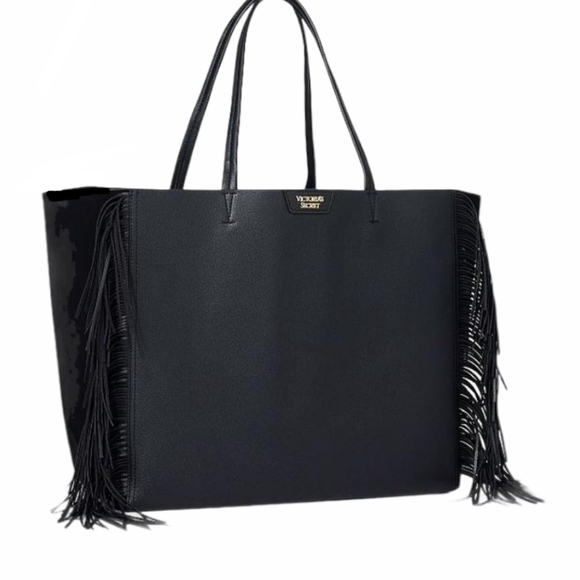 PINK Victoria's Secret Handbags - VS Pink Faux Leather Black Tote with Fringe